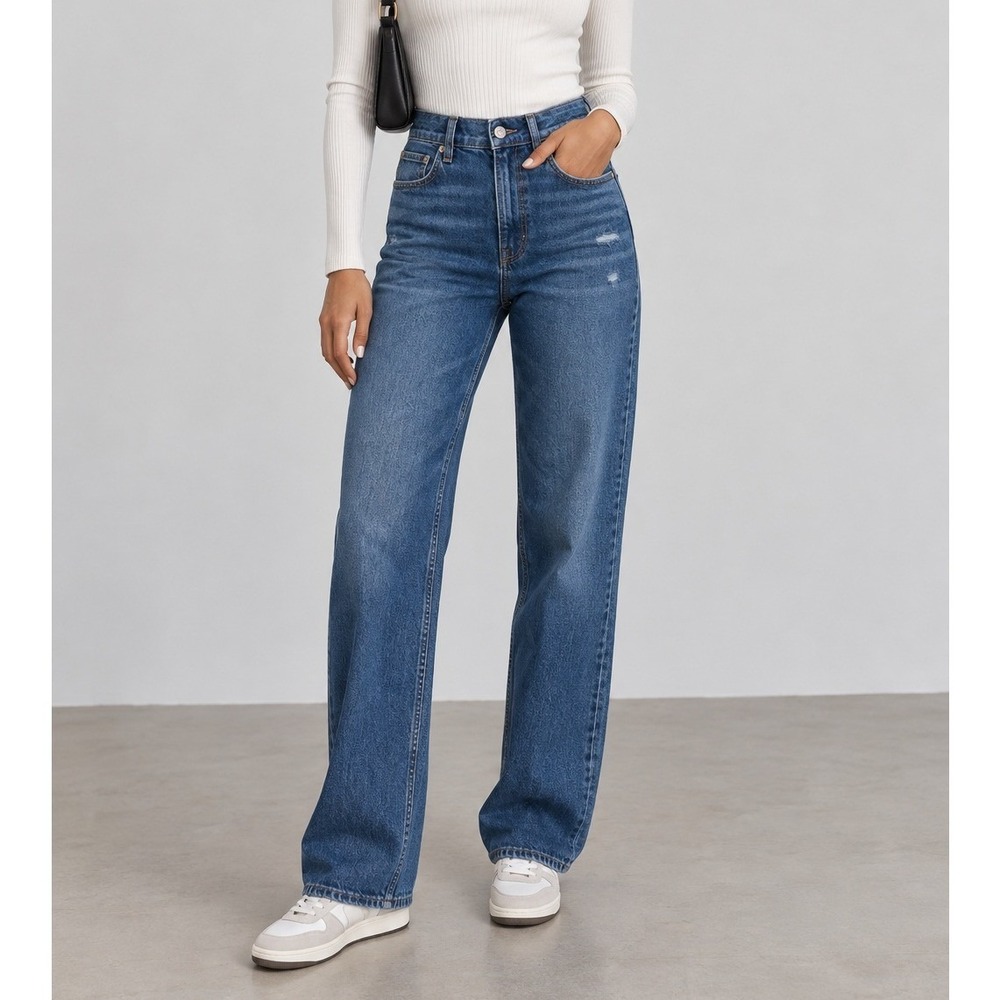 American Eagle Super High Rise Baggy Straight Jeans Women's 00 Blue Denim